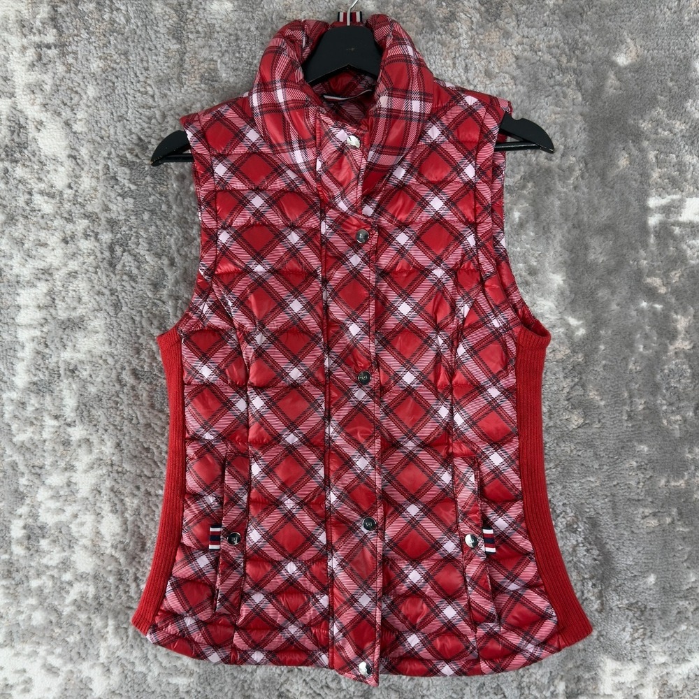 Tommy Hilfiger Size S Plaid Puffer Jacket Vest Red Sleeveless Snap Button Zip
